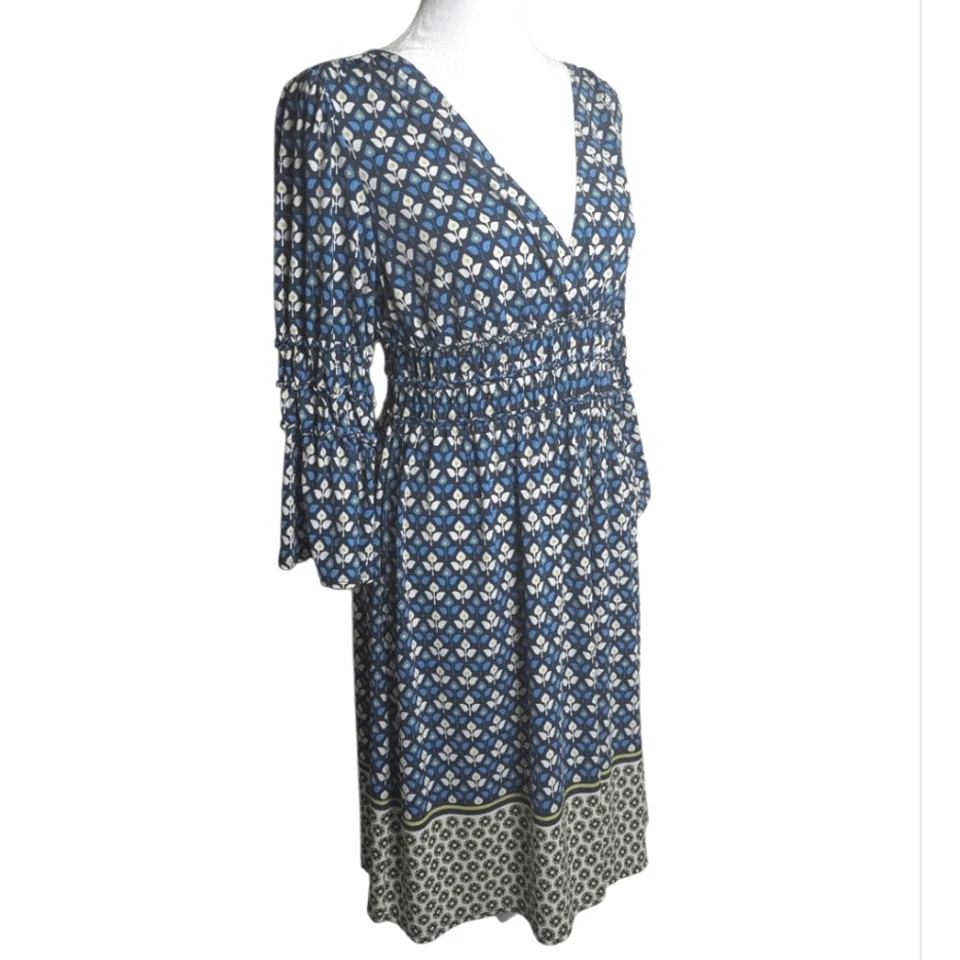 Max Edition Blue & Green Mod Retro Floral Bell Sleeve Dress Women's M - Image 2 of 4