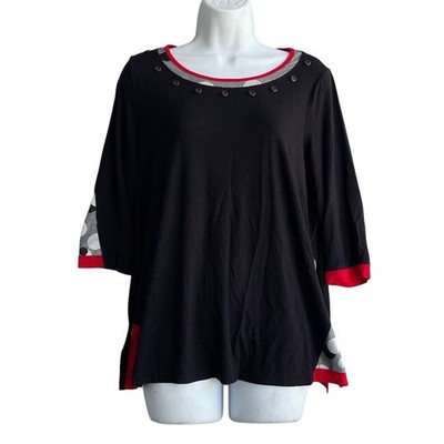 ALI MILES Black & Red Top Women's Size PL Solid Trim knit Blouse