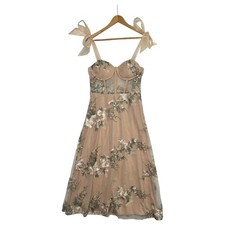 New Lulus Dress Womens Medium Tan Floral Embroidered Midi Bustier Fairytale Days