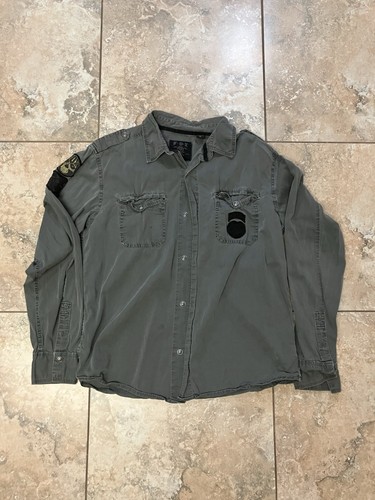 Crazy Y2K Grunge Fox Racing Patch Long Sleeve Button Up - Picture 1 of 4