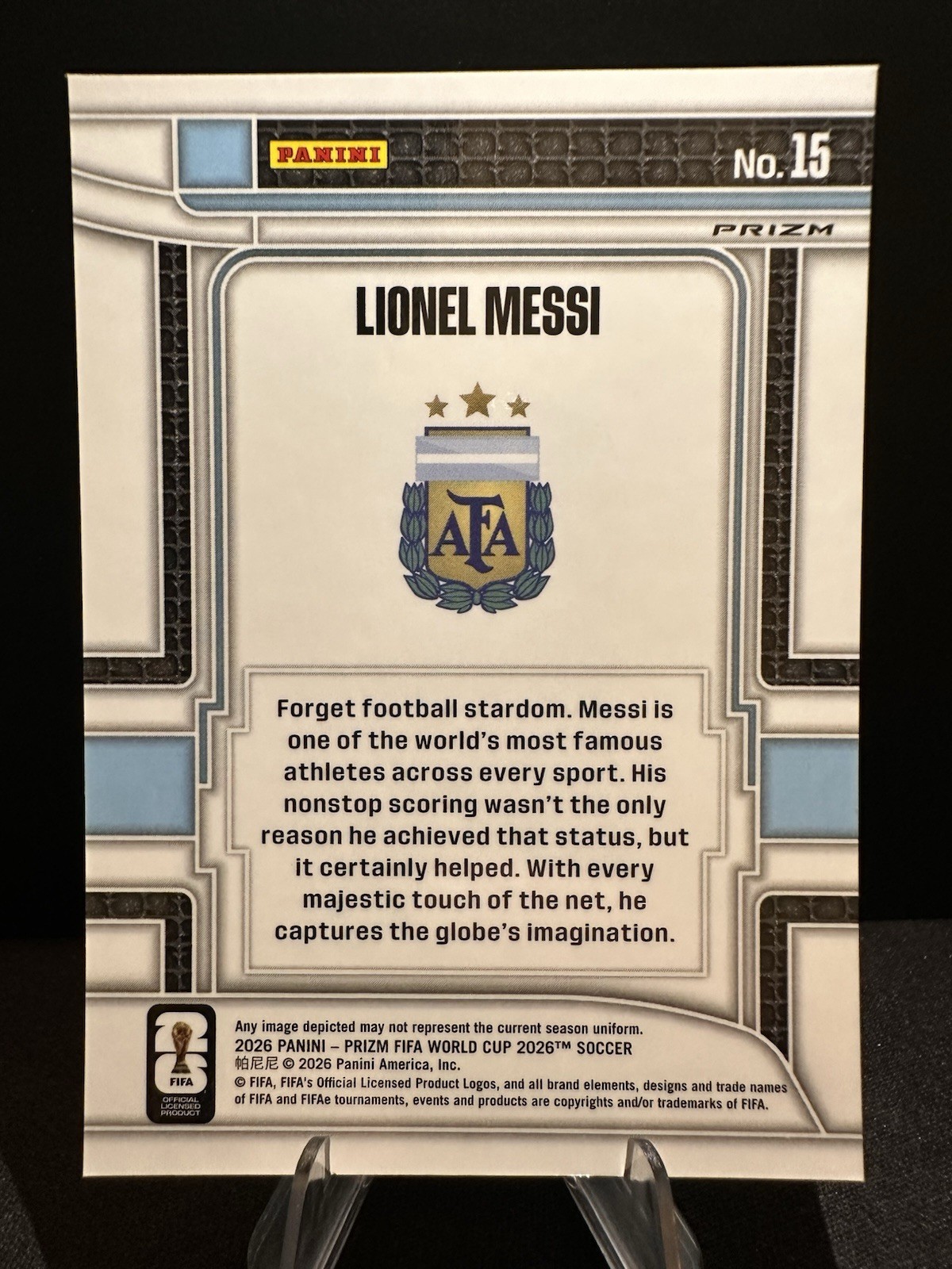 2026 Panini Prizm FIFA World Cup Lionel Messi #15 Silver Scorers Club Argentina view 2