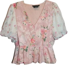 Hemant & Nandita Top M Women’s Pink Floral Embroidered Ruffle Blouse Bohemian