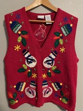 VTG Bobbie Brooks Sweater Vest Womens Large Red Snowman Beaded Christmas Holiday