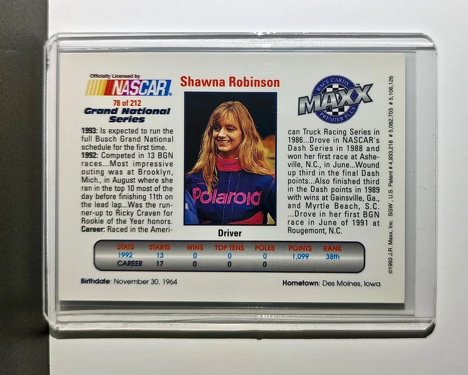 Shawna Robinson 1993 Maxx Premier Plus Racing #78 NASCAR Card Laughlin Racing - Image 2 of 2