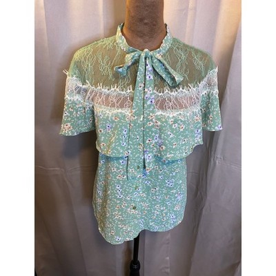 Azel Hazel Hazel Haze Lace Yoke Floral Tie Neck Blouse   Size S