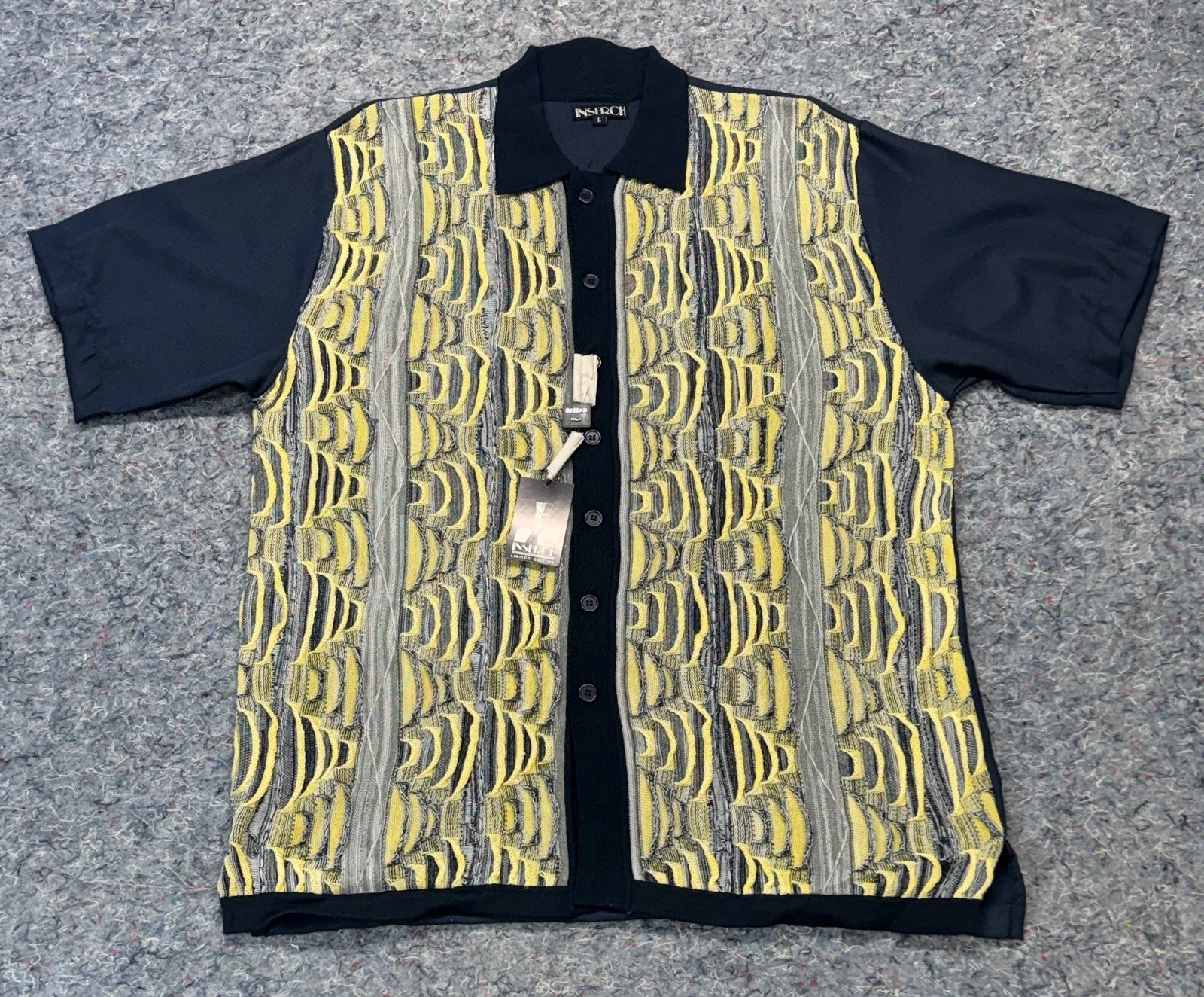 Inserch Shirt Men’s Large Yellow & Navy Coogi Style Abstract Retro Textured