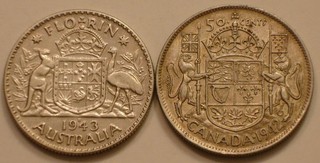 1943 SILVER Florin of Australia & 1942 SILVER 50¢ of Canada