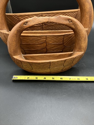 SET OF 3 Vintage Handmade Carved Wooden Folk Art Baskets Kissing Swan Pair - Picture 12 of 13