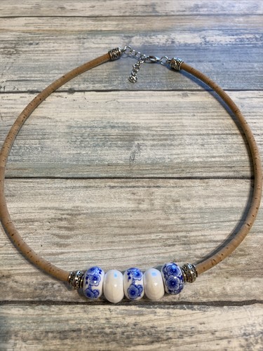 Porcelain Blue Rose Cork Necklace 18" Tan White NWOT