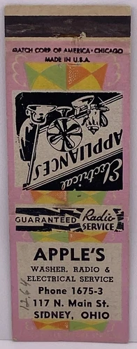 Apple’s Washer, Radio & Electrical Service, Sidney Ohio, Matchbook Cover
