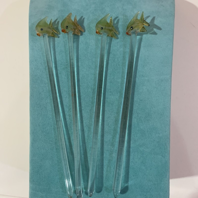 VINTAGE X 4 YELLOW GLASS & CLEAR STEM FISH COCKTAIL SWIZZLE STIRRERS STICKS 8"