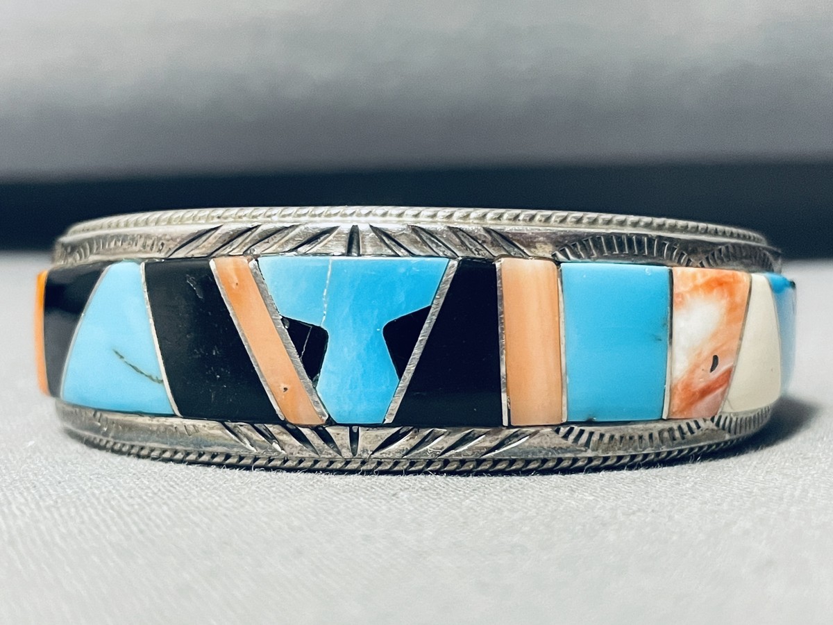 70s Vintage ZUNI Bangle silver925 ズニ族 ONE OF MOST UNIQUE VINTAGE ZUNI TURQUOISE INLAY STERLING SILVER