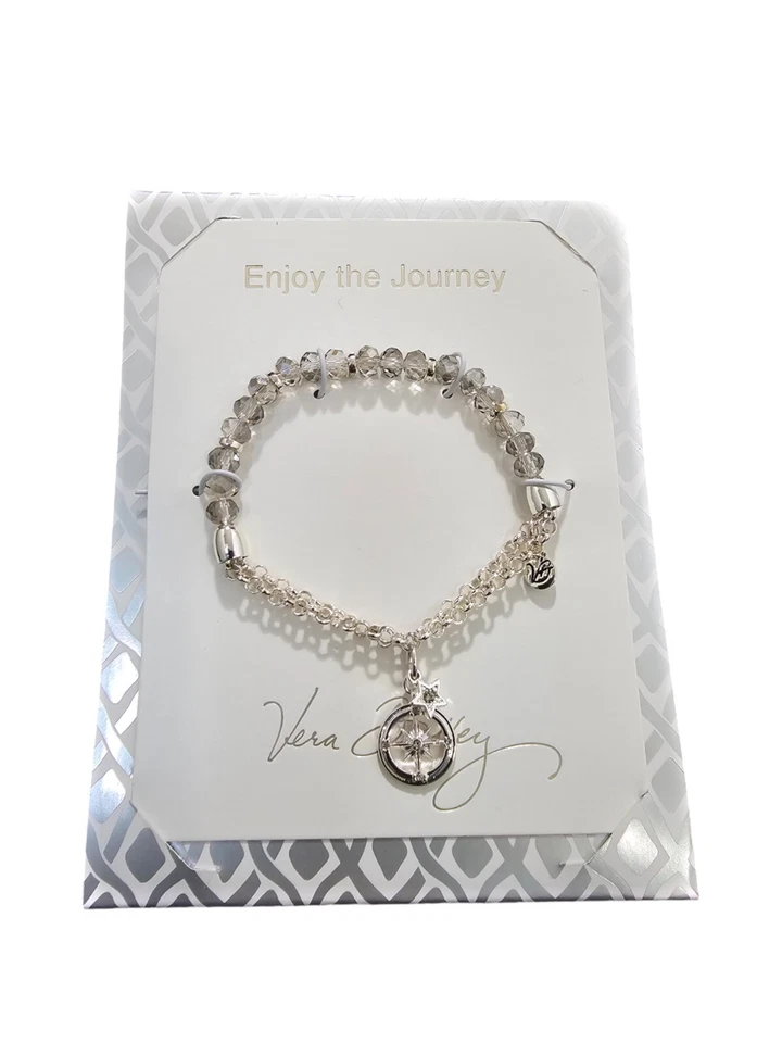 Pulsera Vera Bradley Brújula Elástica Tono Plateado Gris Nueva con Etiquetas Disfruta del Viaje Foto 3 de 4