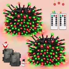 JMEXSUSS 2 Pack 100 LED Red and Green Christmas Lights, Battery Operated Christm
