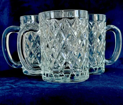 3 Vintage Paul Sebastian Tankard Diamond Cut Crystal Glasses Coffee Mugs Cups