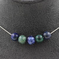 Steine Und MinéRaux. Halskette 5 Perlen Azurit Chrysocolla 8 Mm. Kette Stahl