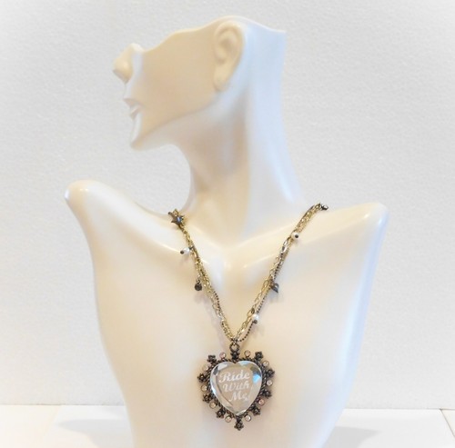 Vintage Betsey Johnson Multi Chain "Ride With Me" Faceted Heart Pendant Necklace - Picture 24 of 24