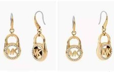NEW MICHAEL KORS GOLD TONE,CRYSTALS GLITZ,MK PADLOCK DROP HOOK EARRINGS MKJ7392