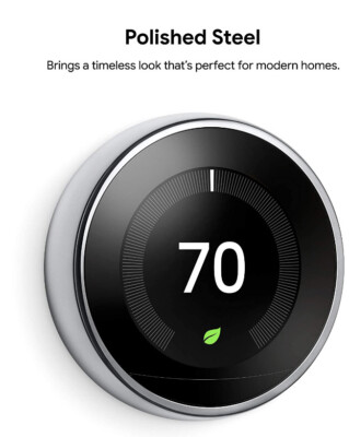 Google Nest T3019US Programmable Learning Thermostat Polished Steel