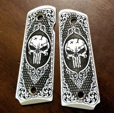 Colt 1911 full size custom 3D engraved faux ivory grips Skull Grim Reaper Scroll