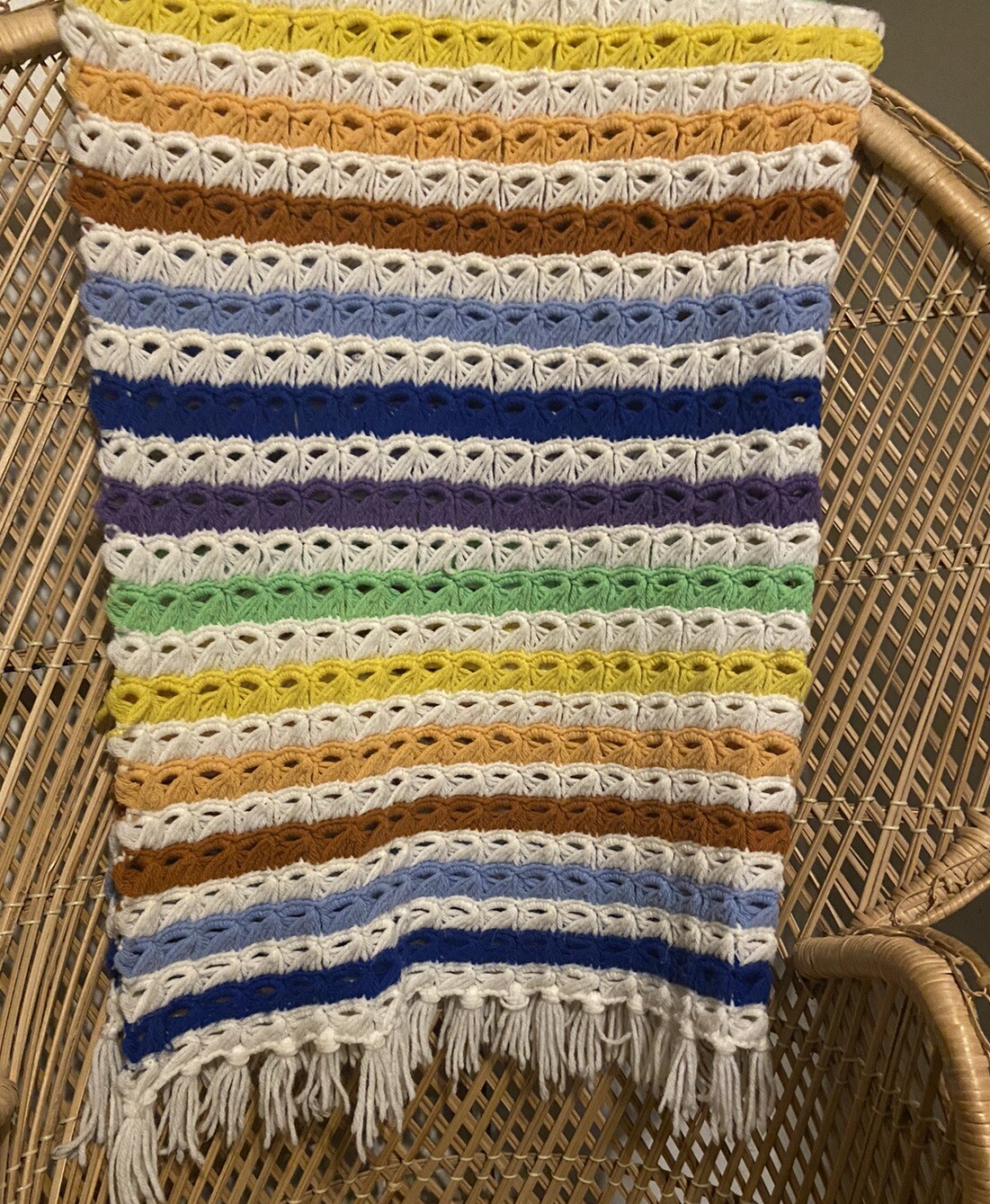 Blanket Handmade Vintage Afghan Rainbow Boho Retro 1970s Stripe Fringe