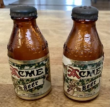 VTG Amber Glass ACME BEER Bottles Salt & Pepper Shakers, Los Angeles, 3” Tall