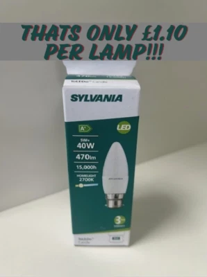 SYLVANIA 10pc 5W=40W LED Candle Bayonet BC B22 Warm White 2700K 470lm Light Bulb Lamp
