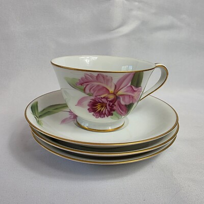 Noritake Pink Orchid Cup & Saucers White with Pink Orchid Green Leaves