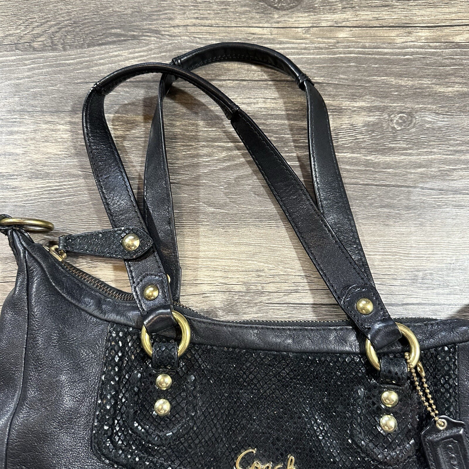 Coach Ashley Black Leather Python Trim Purse Shou… - image 4