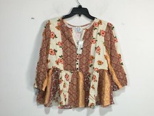 Blue Rain Bell Sleeve 3/4 Sleeve Floral Top - Women's Size X-Small- Cream/Brown