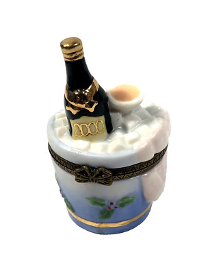 Champagne Bucket Hinged Trinket Box Wine Ceramic Porcelain 2000 Ice Holly Glass