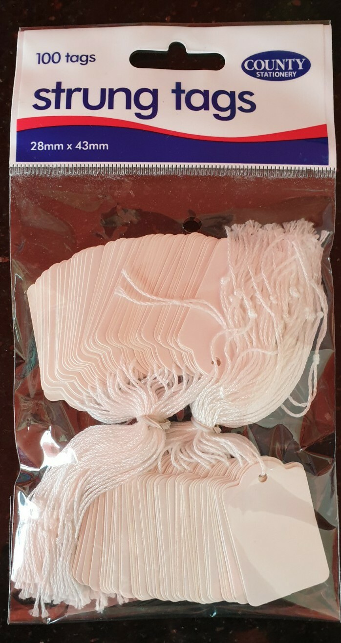 100 White Strung Tie On Retail Shop Price Tags Labels Display  28 x 43mm