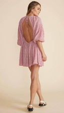 Mink Pink Raya Backless Mini Dress Size L Floral Puff Sleeve A-Line Boho NWT
