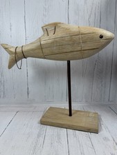 Rustic Wooden Fish Sculpture on Stand Coastal Nautical Folk Art Decor