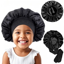 2Pcs Baby Silk Satin Bonnet for Kids Sleeping Cap - Elastic 8 Years, Black