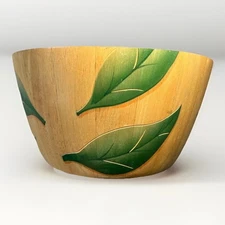 Clay Art Salad Bowl Wooden Green Leaf Hand Painted Tropical Vintage Large EUC