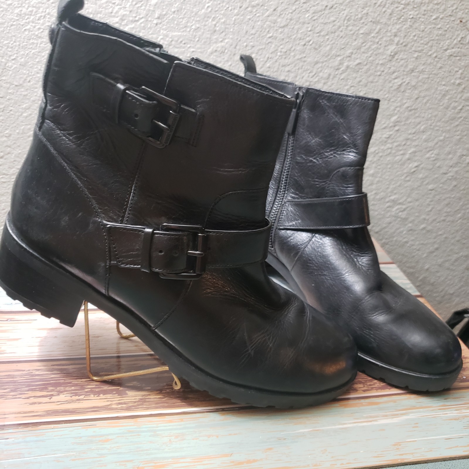 SAOLA Stivaletti Michael Kors Jet Set 6 in pelle nera 9M doppia fibbia suola moto strappo