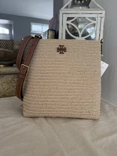 New  Tory Burch RAFFIA SWINGPACK COFFEE CREAM Crossbody 