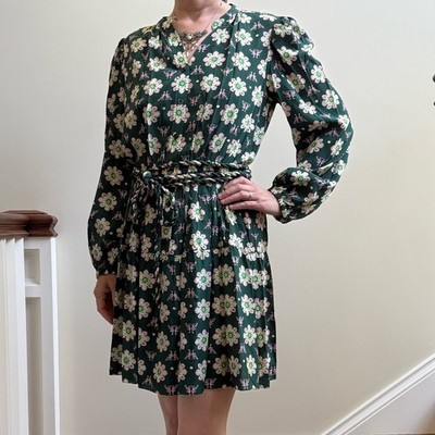 ALC Silk Belted Tiered Mini Dress Floral Bird Green Puff Sleeve Coquette 4