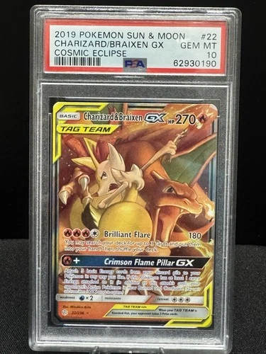 2019 POKEMON SUN & MOON COSMIC ECLIPSE #22 CHARIZARD & BRAIXEN GX PSA 10