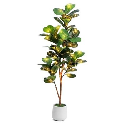 5ft Artificial Fiddle Leaf Fig Tree with LED Fairy Lights & White Planter - 
