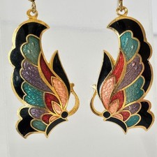 Gold Tone Butterfly Wing Enamel Dangle Earrings Colorful Hook