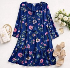 Old Navy Blue Floral Midi Long Sleeve Tassel Lined Shift Dress Beachy Vacation M