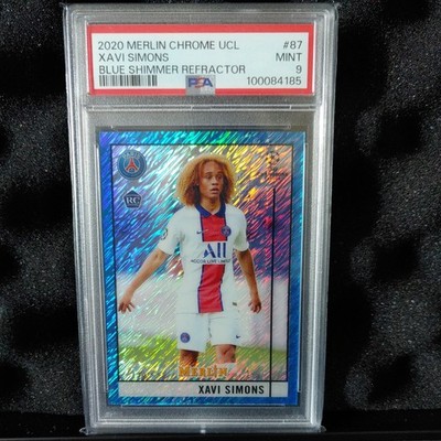 2020 Topps Merlin Chrome UCL Blue Shimmer Xavi Simons RC Rookie /75 #87 PSA 9