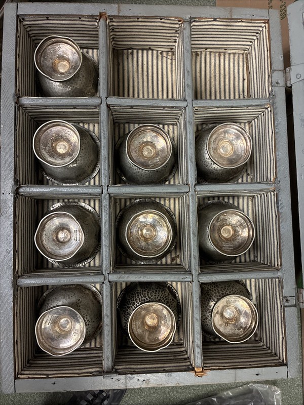 COLLECTION OF ANTIQUE STANLEYS JOS HEINRICH SILVER SOLDER CUPS W/ WOOD BOX