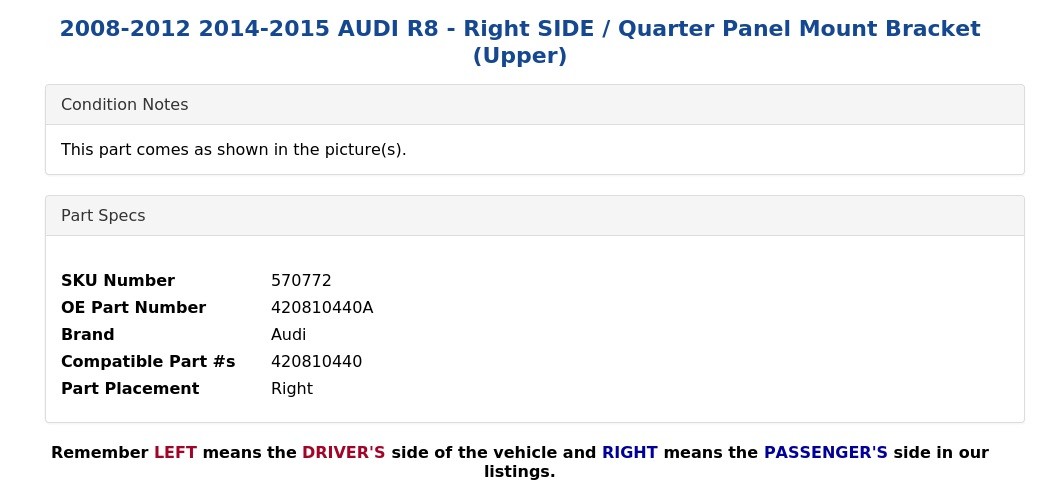 Audi R8 2008-2012 Right Upper Side panel bracket