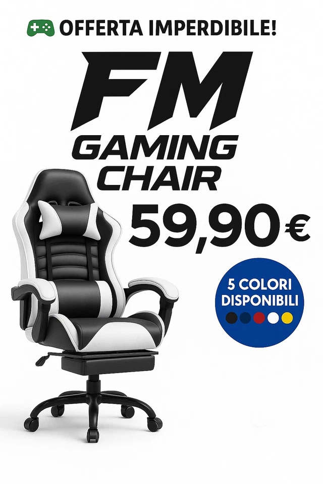 Poltrona Gaming FM Girevole Con Poggiapiedi e Cuscino Lombare e Cuscino Testa - Immagine 4 di 4