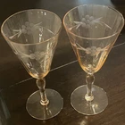Antique Pink Depression Glass Etched Stemware Wine Glasses 7" Tall Set of 2 EUC