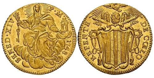 ITALIAN ST. Papal States. Benedict XIV. 1748-IX AV Zecchino. NGC MS64. Fr.-231