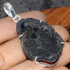 925 Silver Plated Black Botswana Druzy Slice Pendant Jewelry Size 2" JW